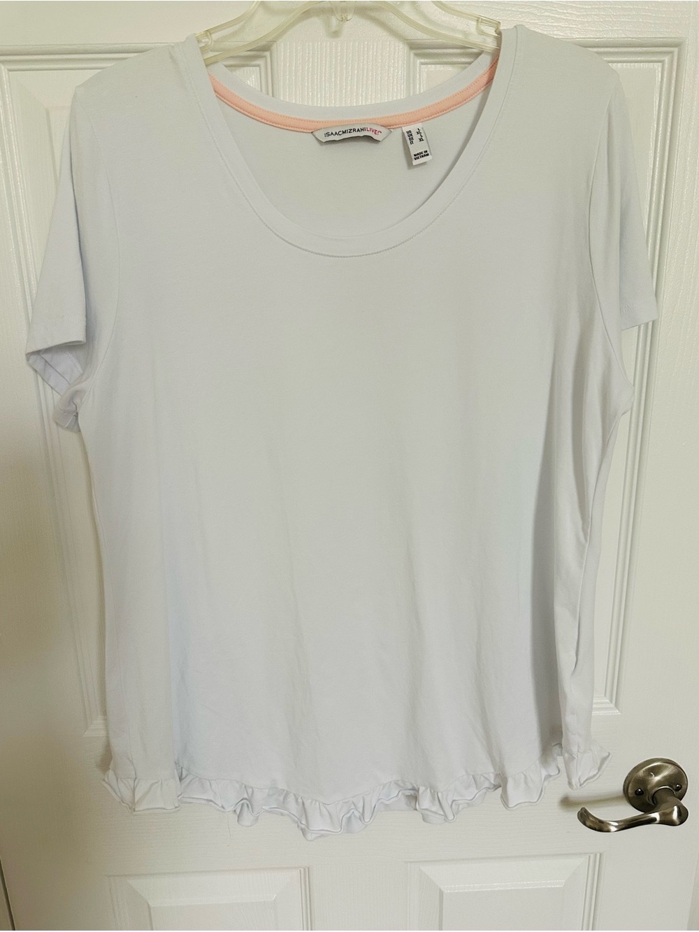 Isaac Mizrahi White Short Sleeve Scoop Neck Ruffle Hem Top L